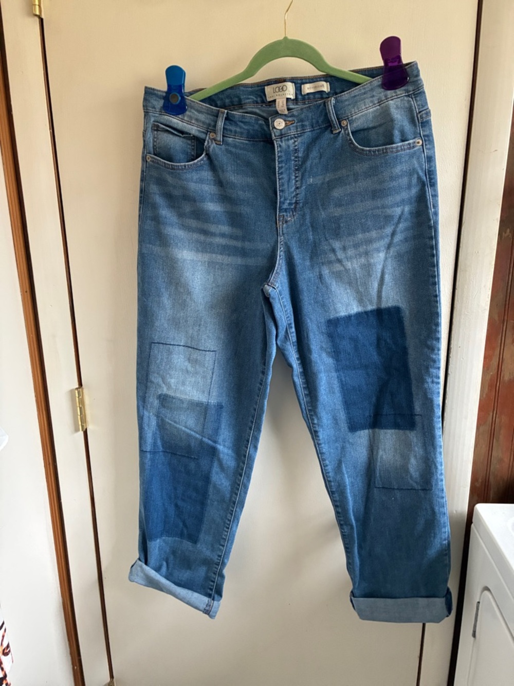 LOGO by Lori Goldstein Blue Patchwork Boyfriend Jeans